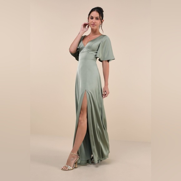 LULU’S Elegant Confidence Sage Satin Flutter Sleeve Cutout Maxi Dress - Picture 8 of 9